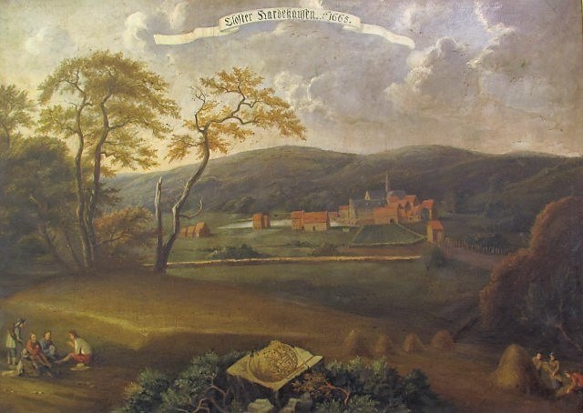 Pintura antiga do vale de Hardehausen com o mosteiro